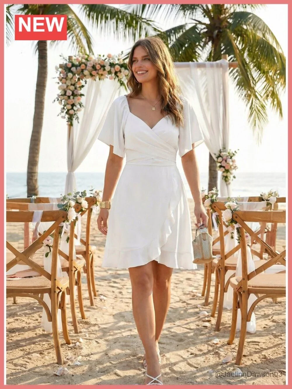 Wrap V Neck Short Flared Sleeve Wedding Guest Dress Smocked Elastic Waist - Picture 5 of 6